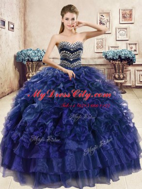 Enchanting Navy Blue Sleeveless Organza Lace Up Quinceanera Gown for Military Ball and Sweet 16 and Quinceanera