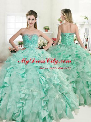 Apple Green Ball Gowns Sweetheart Sleeveless Organza and Taffeta Floor Length Lace Up Beading and Ruffles Quinceanera Gowns