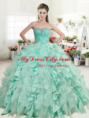 Apple Green Ball Gowns Sweetheart Sleeveless Organza and Taffeta Floor Length Lace Up Beading and Ruffles Quinceanera Gowns
