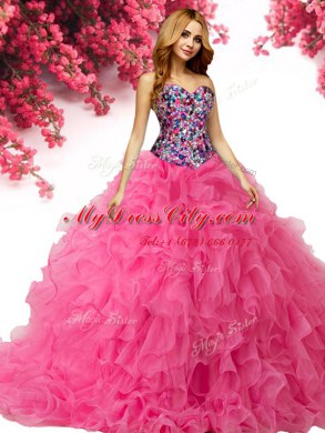 Fantastic Hot Pink Organza Lace Up Sweet 16 Dress Sleeveless Floor Length Beading and Ruffles