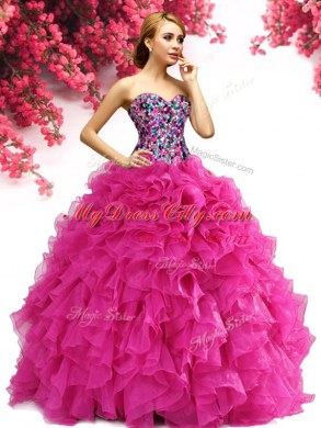 Floor Length Ball Gowns Sleeveless Hot Pink 15 Quinceanera Dress Lace Up