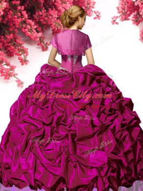 Sleeveless With Train Beading and Ruffles Lace Up Quinceanera Gowns with Fuchsia Sweep Train