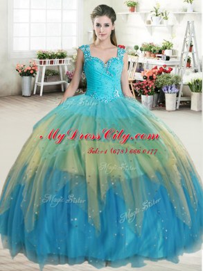 Designer Straps Floor Length Multi-color Sweet 16 Quinceanera Dress Tulle Sleeveless Beading and Ruffled Layers