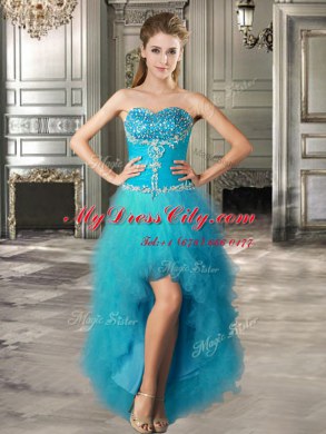 Trendy Four Piece Sweetheart Sleeveless Quinceanera Dress Floor Length Beading and Ruffles Teal Tulle