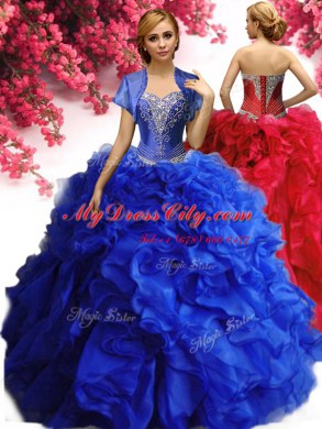 Sophisticated Royal Blue Ball Gowns Beading and Ruffles Quinceanera Gowns Lace Up Organza Sleeveless Floor Length