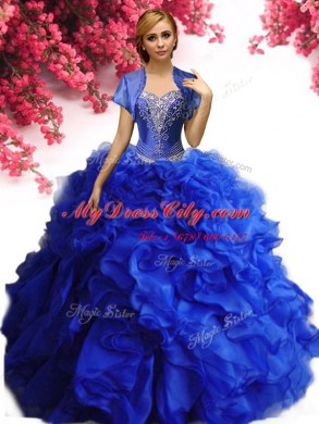 Sophisticated Royal Blue Ball Gowns Beading and Ruffles Quinceanera Gowns Lace Up Organza Sleeveless Floor Length