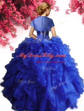 Sophisticated Royal Blue Ball Gowns Beading and Ruffles Quinceanera Gowns Lace Up Organza Sleeveless Floor Length
