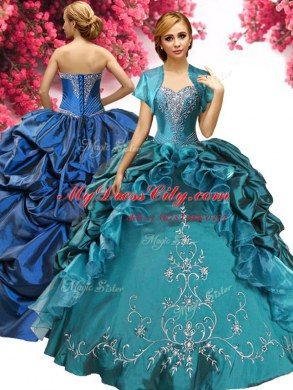 Cheap Pick Ups Teal Sleeveless Taffeta Lace Up Quince Ball Gowns for Military Ball and Sweet 16 and Quinceanera