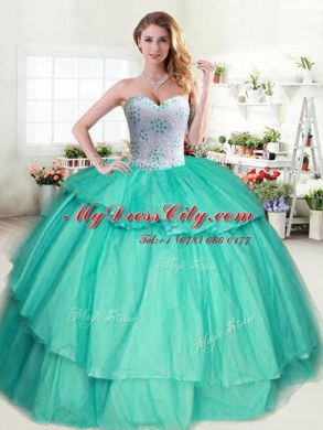 Sweetheart Sleeveless Quinceanera Dresses Floor Length Beading and Ruffled Layers Apple Green Tulle