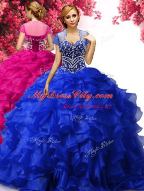 Sexy Royal Blue Ball Gowns Organza Sweetheart Sleeveless Beading and Ruffles Floor Length Lace Up Vestidos de Quinceanera
