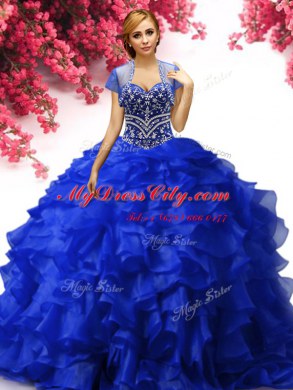 Sexy Royal Blue Ball Gowns Organza Sweetheart Sleeveless Beading and Ruffles Floor Length Lace Up Vestidos de Quinceanera