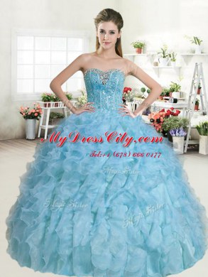 Beading and Ruffles Quinceanera Dresses Baby Blue Lace Up Sleeveless Floor Length