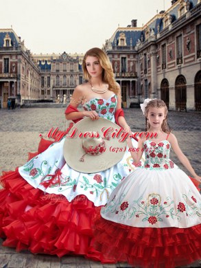 Sweetheart Sleeveless Ball Gown Prom Dress Floor Length Embroidery White And Red Organza and Taffeta