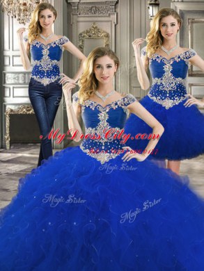 Three Piece Royal Blue Ball Gowns Off The Shoulder Sleeveless Tulle Floor Length Lace Up Beading and Ruffles 15 Quinceanera Dress