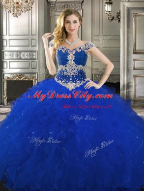 Three Piece Royal Blue Ball Gowns Off The Shoulder Sleeveless Tulle Floor Length Lace Up Beading and Ruffles 15 Quinceanera Dress