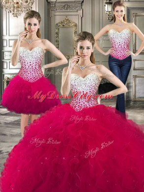Three Piece Hot Pink Lace Up Sweetheart Beading and Ruffles Ball Gown Prom Dress Tulle Sleeveless