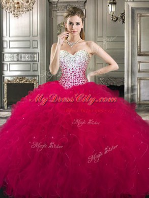Three Piece Hot Pink Lace Up Sweetheart Beading and Ruffles Ball Gown Prom Dress Tulle Sleeveless