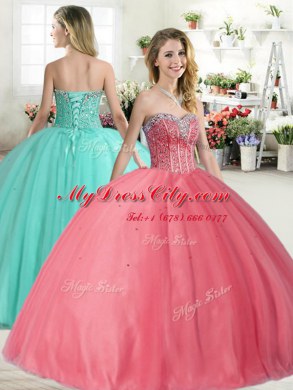 Most Popular Pink Sleeveless Floor Length Beading Lace Up Sweet 16 Quinceanera Dress