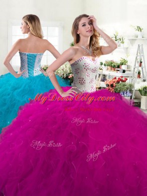 Fuchsia Ball Gowns Tulle Sweetheart Sleeveless Beading and Ruffles Floor Length Lace Up Quinceanera Gown