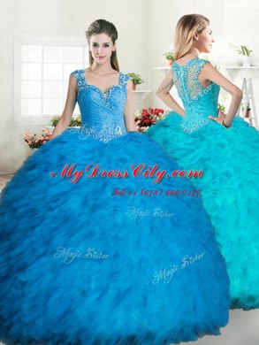 Graceful Straps Sleeveless Tulle 15 Quinceanera Dress Beading and Ruffles Zipper
