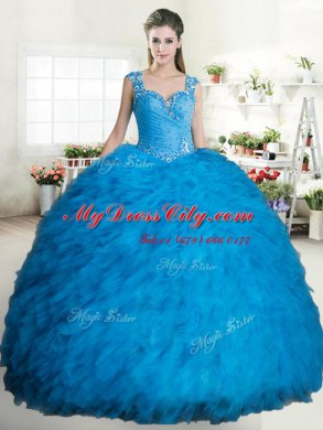 Graceful Straps Sleeveless Tulle 15 Quinceanera Dress Beading and Ruffles Zipper