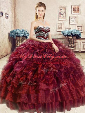 Dynamic Sweetheart Sleeveless Lace Up Sweet 16 Dress Wine Red Organza
