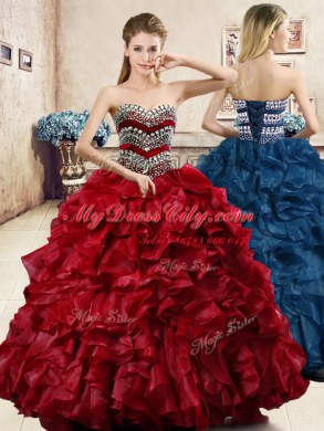 Sleeveless Floor Length Beading and Ruffles Lace Up 15th Birthday Dress with Wine Red