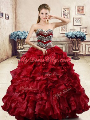 Sleeveless Floor Length Beading and Ruffles Lace Up 15th Birthday Dress with Wine Red