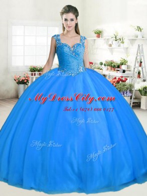 Straps Floor Length Zipper 15th Birthday Dress Blue for Military Ball and Sweet 16 and Quinceanera with Beading