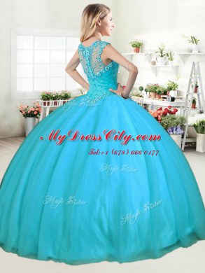 Straps Floor Length Zipper 15th Birthday Dress Blue for Military Ball and Sweet 16 and Quinceanera with Beading