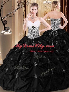 Black Ball Gowns Sweetheart Sleeveless Taffeta Floor Length Lace Up Appliques and Pick Ups and Pattern Quinceanera Dresses