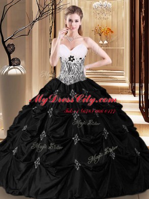 Black Ball Gowns Sweetheart Sleeveless Taffeta Floor Length Lace Up Appliques and Pick Ups and Pattern Quinceanera Dresses