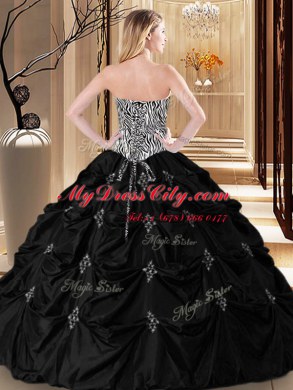 Black Ball Gowns Sweetheart Sleeveless Taffeta Floor Length Lace Up Appliques and Pick Ups and Pattern Quinceanera Dresses