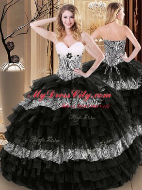Floor Length Black Ball Gown Prom Dress Organza and Printed Sleeveless Ruffled Layers and Pattern
