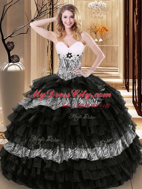 Floor Length Black Ball Gown Prom Dress Organza and Printed Sleeveless Ruffled Layers and Pattern