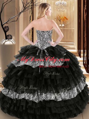 Floor Length Black Ball Gown Prom Dress Organza and Printed Sleeveless Ruffled Layers and Pattern