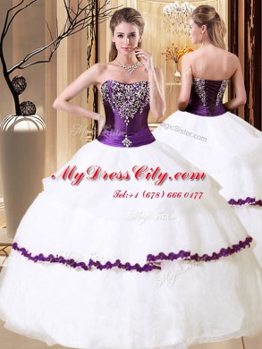 Pretty White Ball Gowns Beading Quince Ball Gowns Lace Up Organza Sleeveless Floor Length
