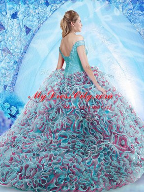 Low Price Off the Shoulder Multi-color Fabric With Rolling Flowers Backless Quinceanera Gown Sleeveless Court Train Beading and Appliques and Ruffles