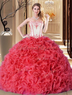 Best Coral Red Lace Up Strapless Embroidery and Ruffles 15 Quinceanera Dress Fabric With Rolling Flowers Sleeveless