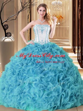 Strapless Sleeveless Ball Gown Prom Dress Floor Length Embroidery and Ruffles Aqua Blue Fabric With Rolling Flowers