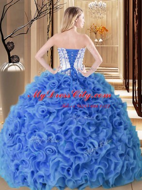 Strapless Sleeveless Ball Gown Prom Dress Floor Length Embroidery and Ruffles Aqua Blue Fabric With Rolling Flowers