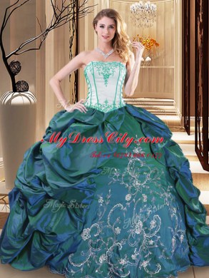 Turquoise Taffeta Lace Up Strapless Sleeveless Floor Length Sweet 16 Dress Embroidery and Pick Ups
