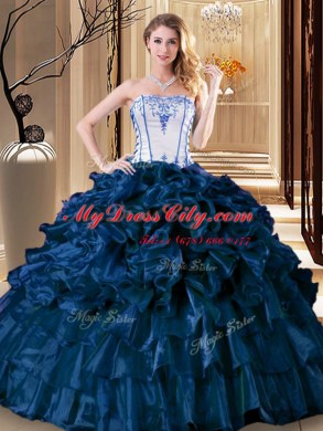 Floor Length Lace Up Quinceanera Gown Navy Blue for Military Ball and Sweet 16 and Quinceanera with Pick Ups