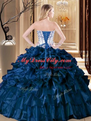 Floor Length Lace Up Quinceanera Gown Navy Blue for Military Ball and Sweet 16 and Quinceanera with Pick Ups