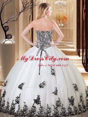 Sleeveless Tulle Floor Length Lace Up Sweet 16 Quinceanera Dress in White with Appliques