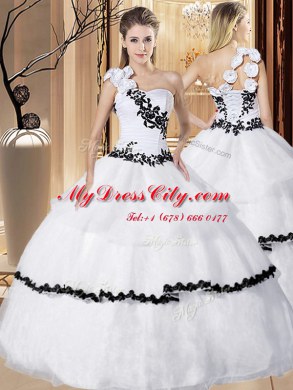 White One Shoulder Lace Up Appliques and Hand Made Flower Sweet 16 Dress Sleeveless
