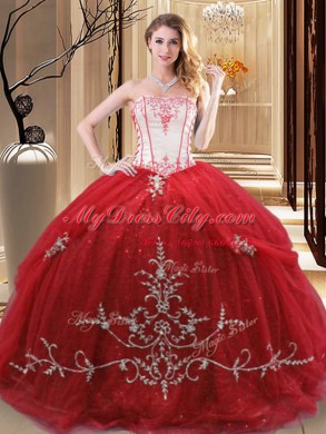 Sweet Red Sleeveless Floor Length Embroidery Lace Up Sweet 16 Dresses