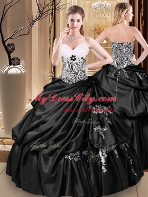 Flirting Floor Length Black Sweet 16 Dresses Taffeta Sleeveless Appliques and Pick Ups