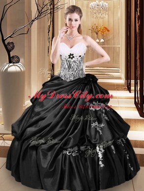 Flirting Floor Length Black Sweet 16 Dresses Taffeta Sleeveless Appliques and Pick Ups