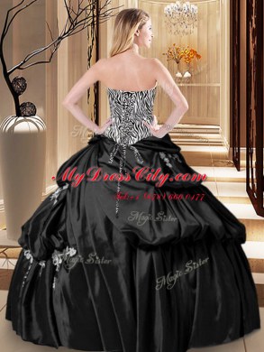 Flirting Floor Length Black Sweet 16 Dresses Taffeta Sleeveless Appliques and Pick Ups